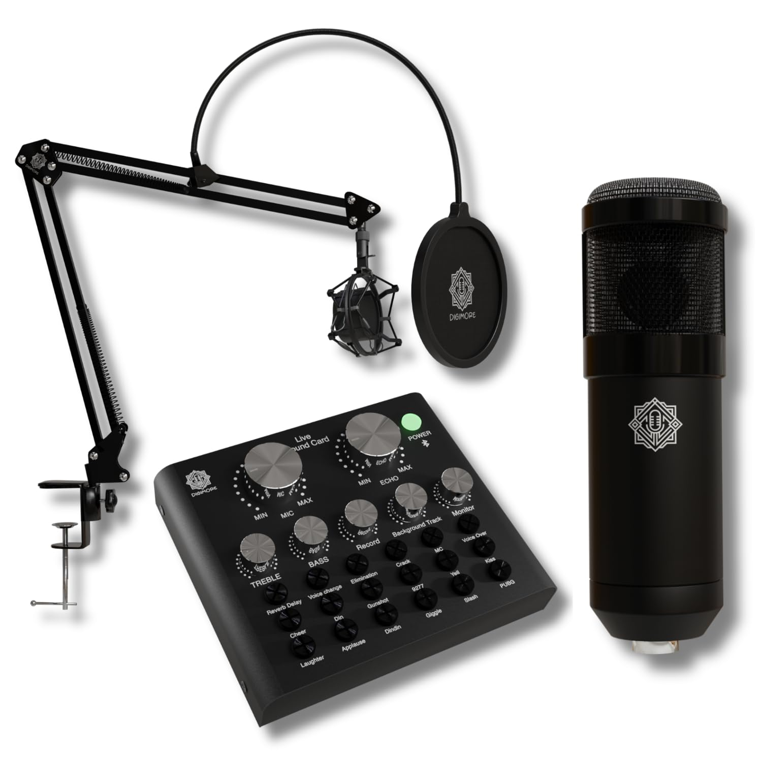 DIGIMORE D-430 Condenser Microphone Kit Podcast Equipment Bundle with V8 Sound Card Set, Adjustable Scissor Arm Stand Shock