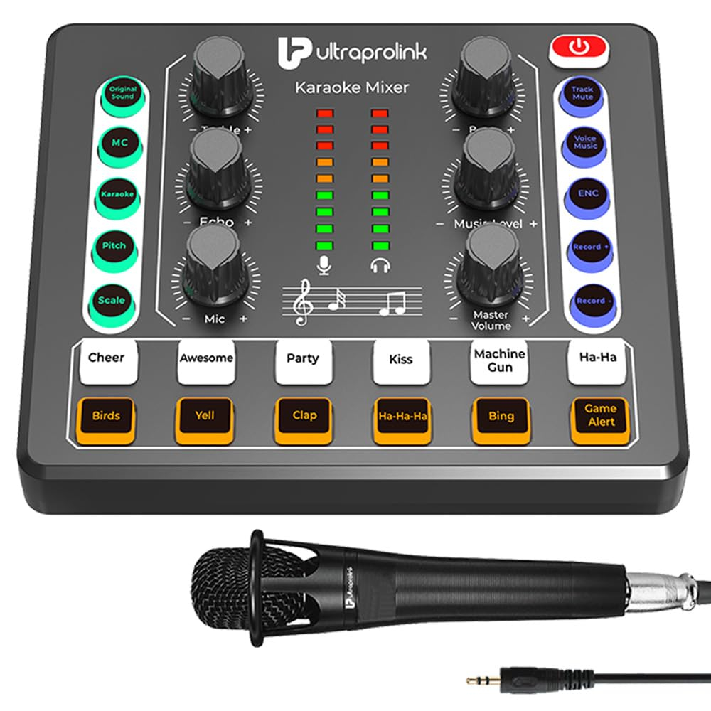 UltraProlink Portable Bluetooth Karaoke Mixer | with Recording | 12 sound effects | Sound Card for Singing, Podcast,Live