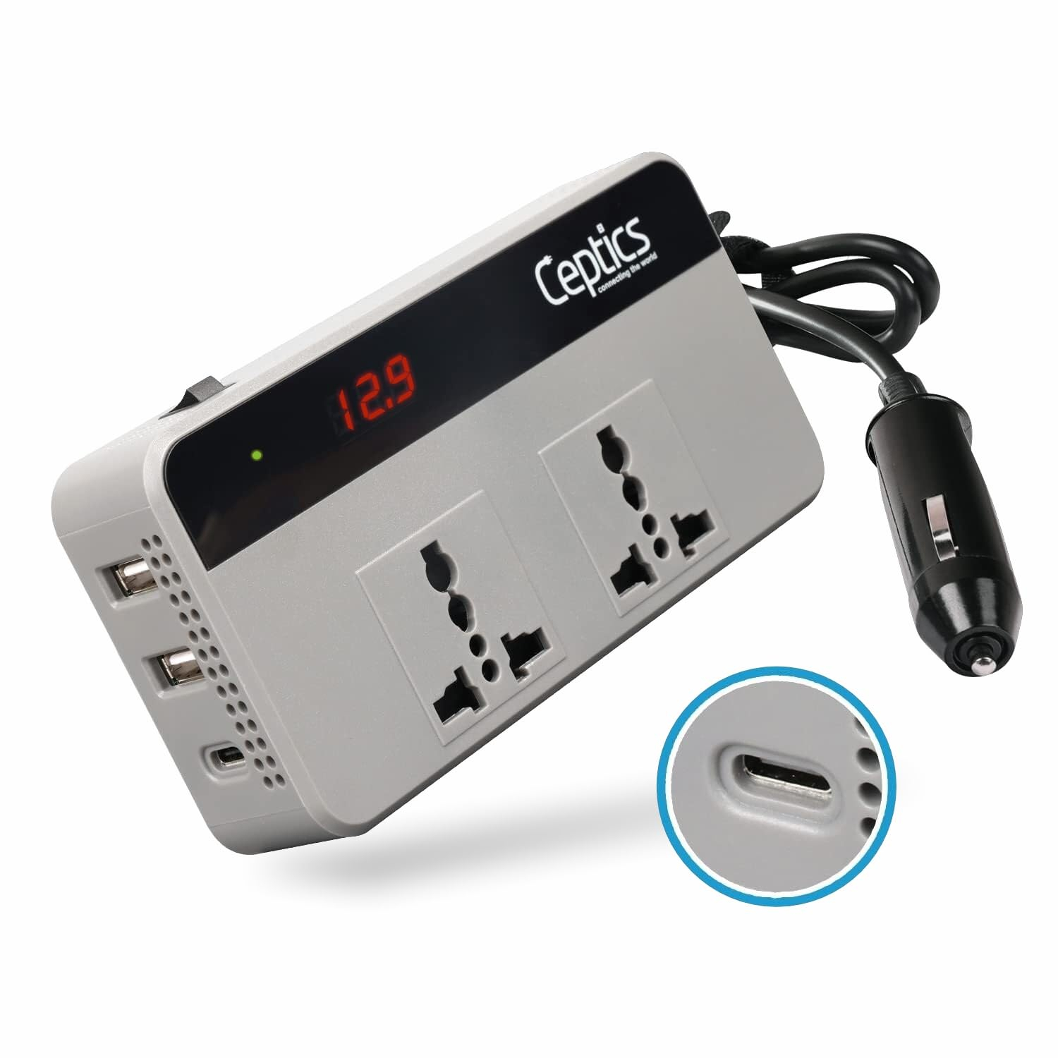 Ceptics 200W Car Laptop Charger/Power Inverter with 2 USB(3.1A Max) + 1 C Type(1 * 18W PD) Smart USB Charging Ports, 12V DC to