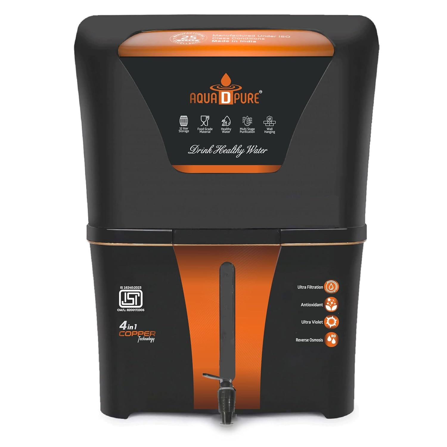 AQUA D PURE 4 in 1 Copper RO Water Purifier with 10 Stage Purification Filtration, UV, UF, TDS Adjuster and 12 Liter Large